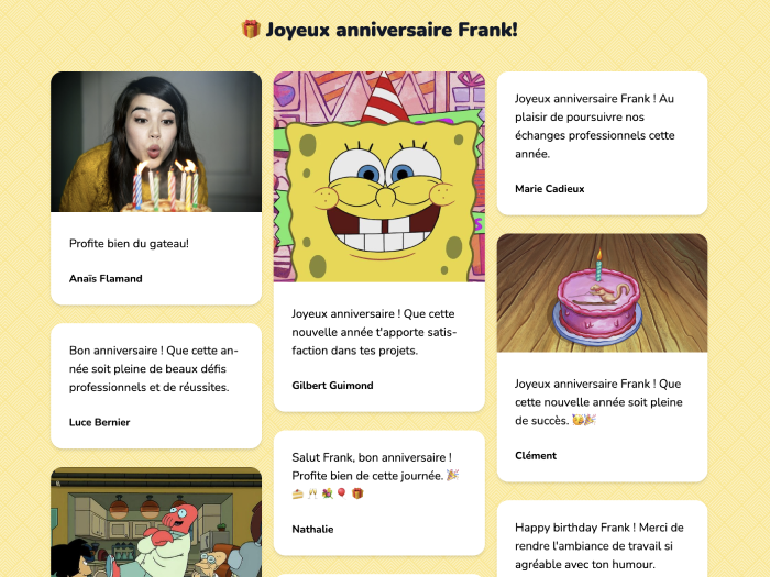 Exemple de carte virtuelle d’anniversaire pour entreprises, avec messages personnalisés, GIFs et illustration conviviale.