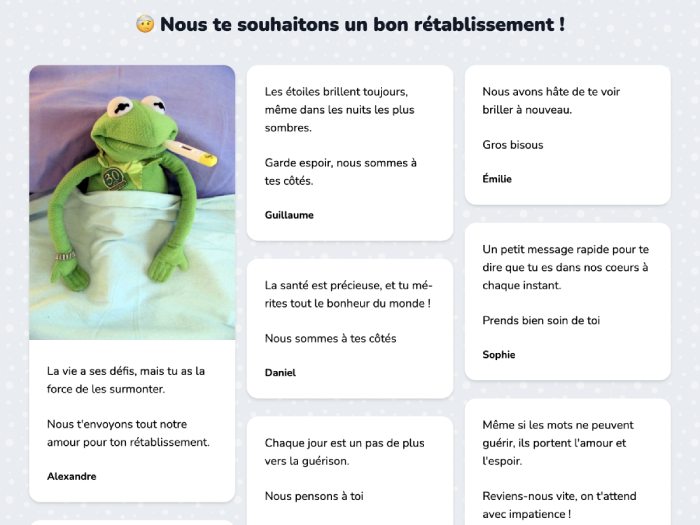 Exemple carte virtuelle de bon rétablissement avec messages de soutien, GIFs et illustration humoristique.