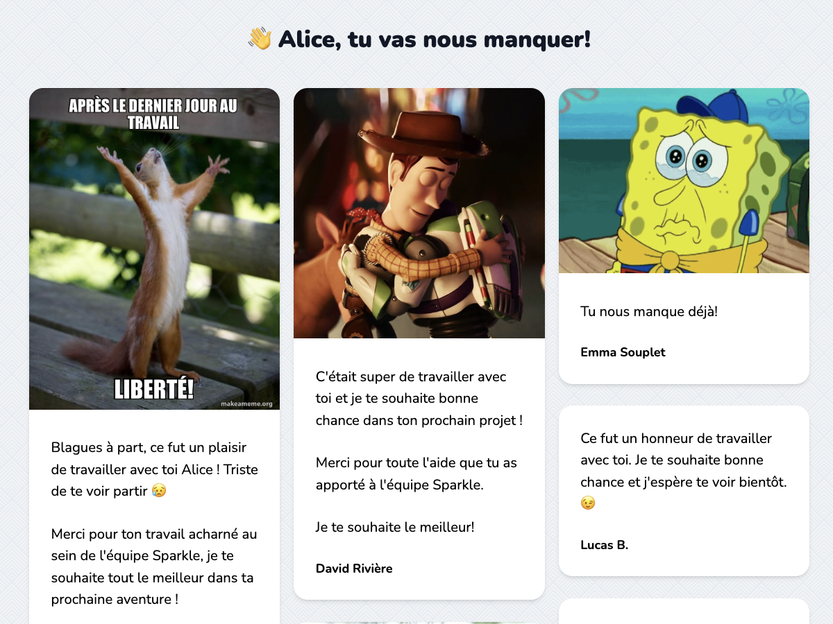 Exemple de carte de départ virtuelle remplie de messages, GIFs et souvenirs d'équipe pour dire au revoir à un collègue.