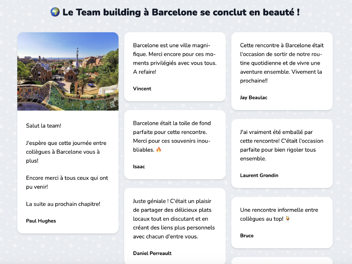 Exemple carte virtuelle de remerciement avec messages, GIFs et illustration.