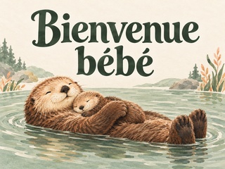 Bienvenue bébé avec une loutre tenant son petit contre elle dans une eau vert sauge