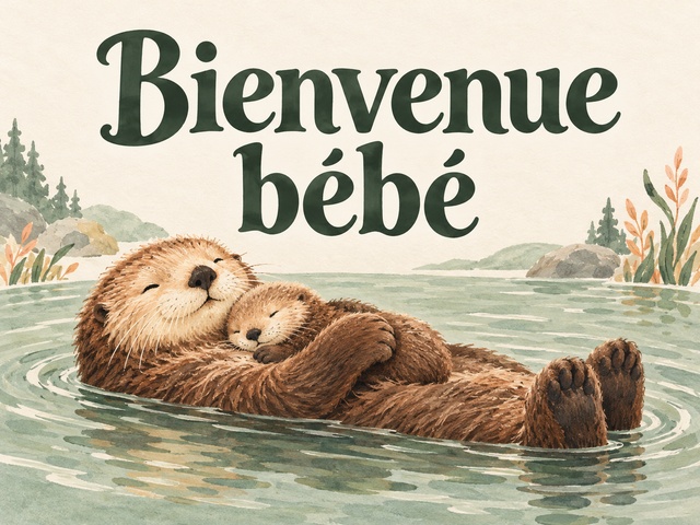 Bienvenue bébé avec une loutre tenant son petit contre elle dans une eau vert sauge