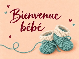 Bienvenue bébé en lettres bordeaux avec des chaussons tricotés bleu canard sur fond pêche