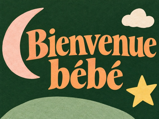 Bienvenue bébé en grandes lettres abricot sur fond vert avec une lune, une étoile et un nuage