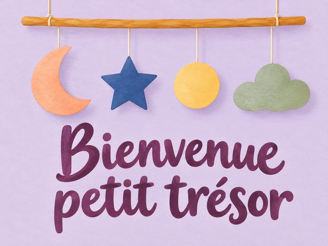 Bienvenue petit trésor avec un mobile de lune, étoile, soleil et nuage sur fond lavande