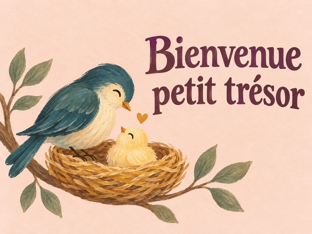 Bienvenue petit trésor avec un oiseau bleu canard veillant sur son poussin dans un nid sur fond pêche