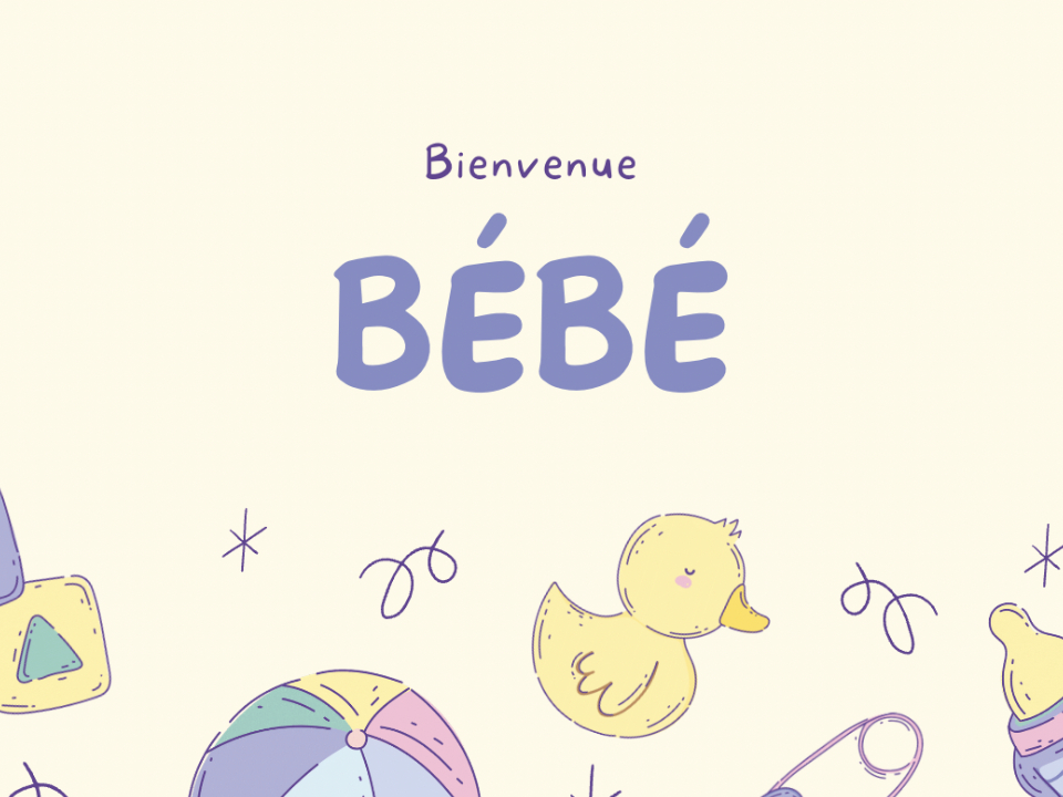 Carte de félicitations pour naissance avec texte 'Bienvenue Bébé' et motifs de jouets pour bébé sur fond jaune pastel