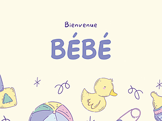 Carte de félicitations pour naissance avec texte 'Bienvenue BÉBÉ' et motifs de jouets pour bébé sur fond jaune pastel