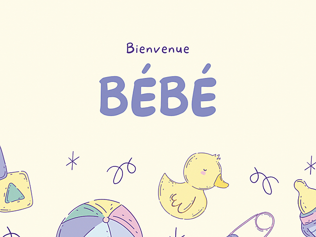 Carte de félicitations pour naissance avec texte 'Bienvenue Bébé' et motifs de jouets pour bébé sur fond jaune pastel