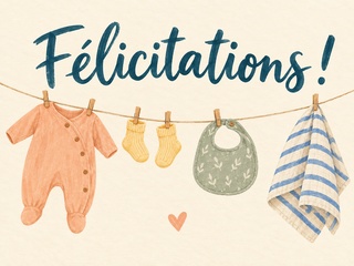 Félicitations avec une corde à linge portant de petits vêtements de bébé sur fond crème