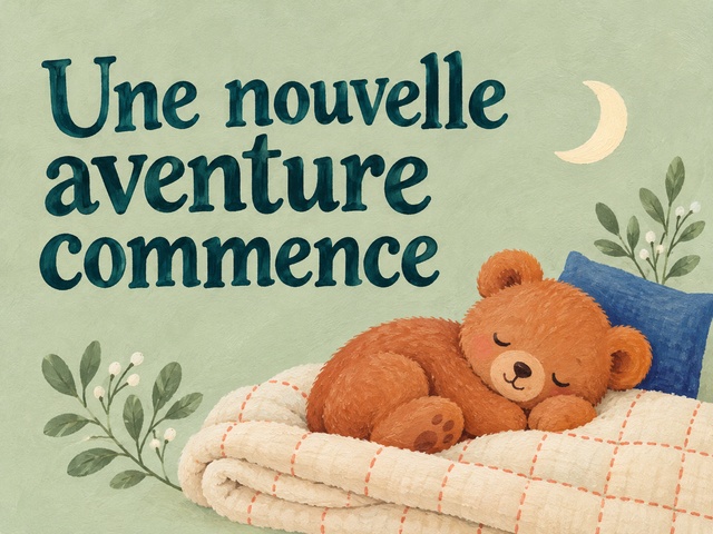 Une nouvelle aventure commence avec un ourson endormi sur une couverture crème sur fond pistache