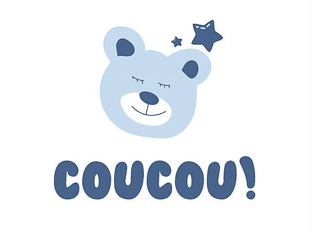 Carte virtuelle de naissance avec ours bleu souriant et texte 'Coucou !' en bleu foncé, décorée d'étoiles