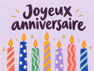 Joyeux anniversaire avec sept bougies colorées sur fond lavande