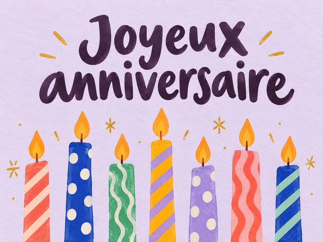 Joyeux anniversaire avec sept bougies colorées sur fond lavande