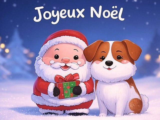 Couverture carte de noël avec Papa Noël et petit chien