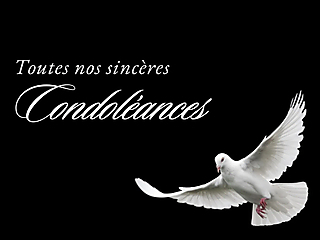 Carte de condoléances avec colombe blanche en vol et texte 'Toutes nos sincères Condoléances' sur fond noir