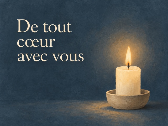 De tout cœur avec vous avec une bougie allumée dans un photophore sur fond bleu gris