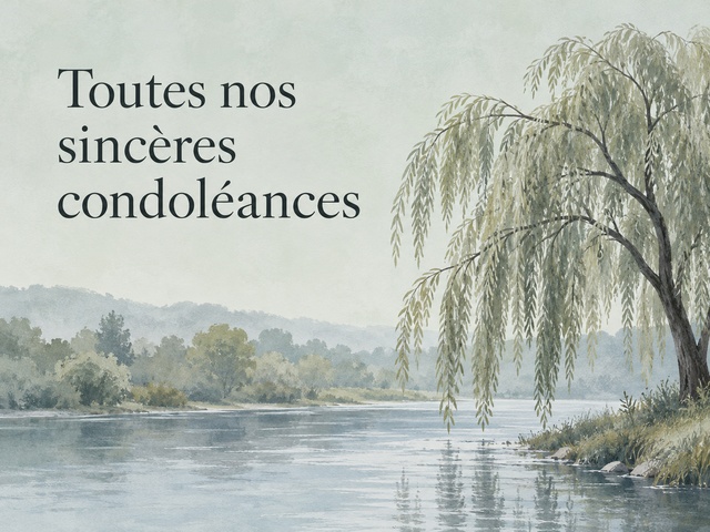 Toutes nos sincères condoléances avec un saule au bord d’une rivière sur fond sauge