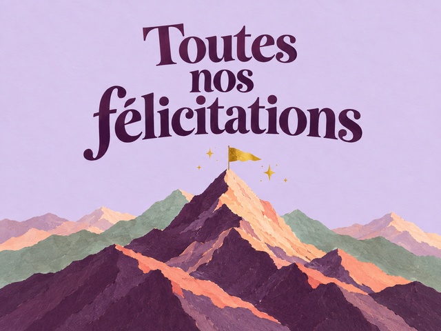 Toutes nos félicitations avec un drapeau au sommet de montagnes colorées sur fond lavande