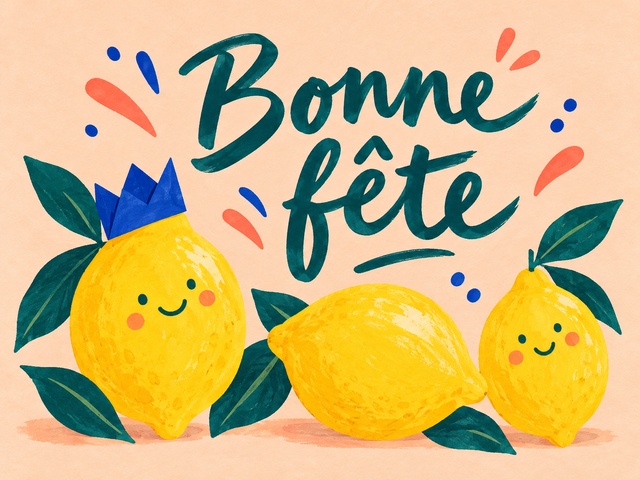 Bonne fête avec trois citrons jaunes souriants et une couronne bleue sur fond pêche
