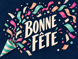 Bonne fête en lettres crème avec une explosion de confettis menthe, pêche et roses sur fond bleu nuit