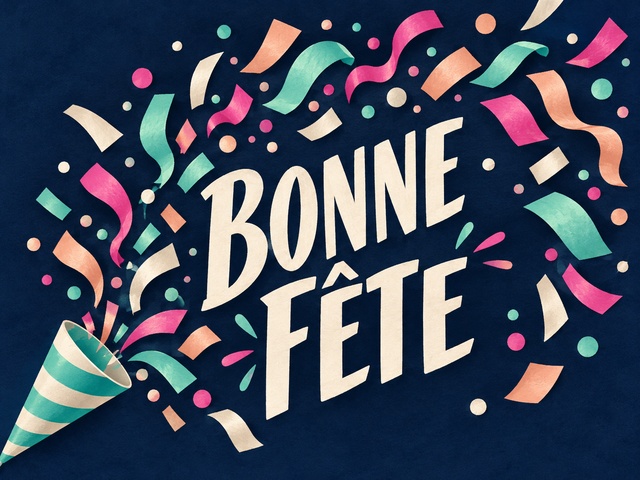 Bonne fête en lettres crème avec une explosion de confettis menthe, pêche et roses sur fond bleu nuit