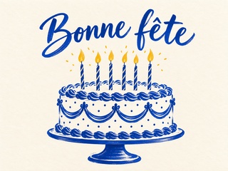 Bonne fête en lettres bleues avec un gâteau dessiné à l’encre bleue et six bougies aux flammes jaunes sur fond crème