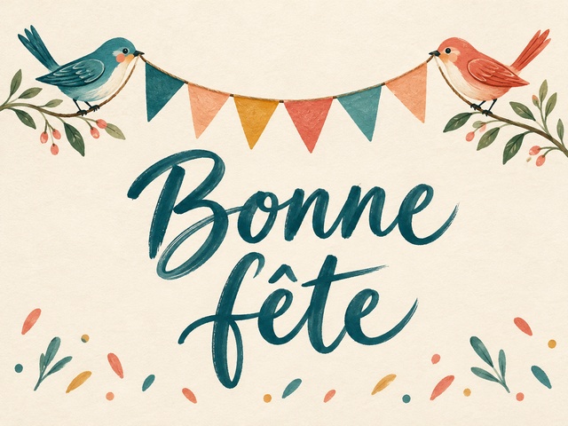 Bonne fête en lettres bleu canard avec deux oiseaux tenant une guirlande de fanions sur fond crème