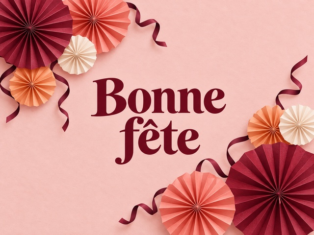 Bonne fête en lettres bordeaux avec des rosaces en papier corail, abricot et crème sur fond rose