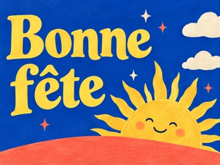 Bonne fête en lettres jaunes avec un soleil souriant au-dessus d’une colline corail sur fond bleu cobalt