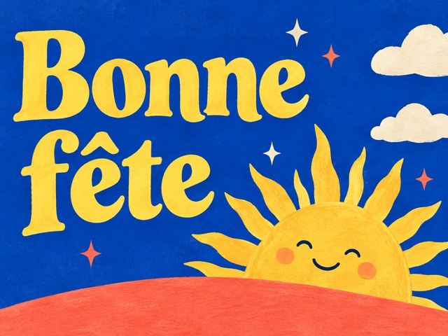 Bonne fête en lettres jaunes avec un soleil souriant au-dessus d’une colline corail sur fond bleu cobalt