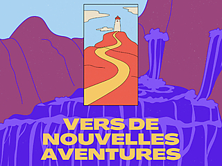 Carte de départ avec le texte 'Vers de nouvelles aventures' sur un fond de montagnes, phare, et cascades