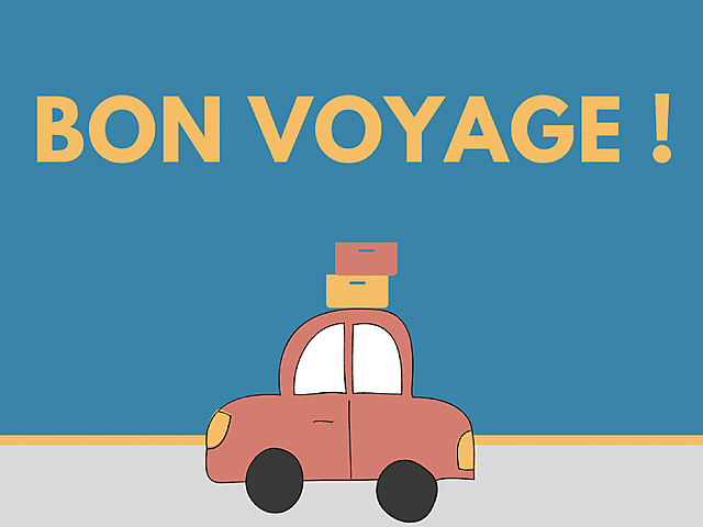 Carte de bon voyage avec voiture rouge chargée de bagages et texte 'Bon Voyage !' sur fond bleu
