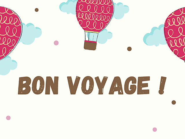 Carte de bon voyage avec montgolfières colorées sur fond crème avec des nuages