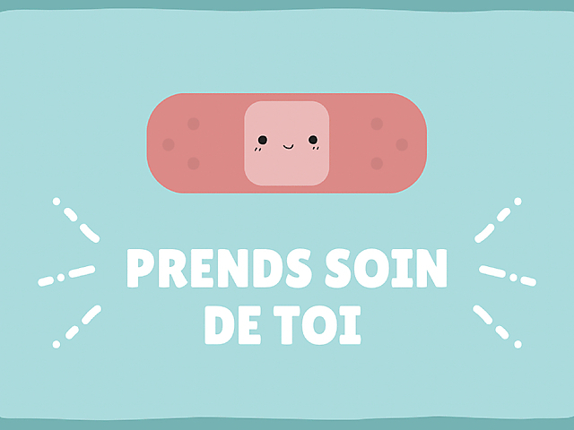 Carte de bon rétablissement avec illustration pansement souriant et le texte 'Prends soin de toi' en blanc sur fond turquoise