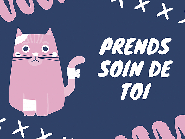 Carte de bon rétablissement avec un chat rose sur fond bleu avec texte 'Prends soin de toi' en blanc