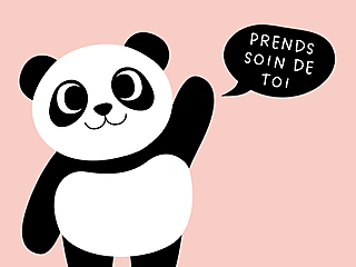 Couverture carte de bon rétablissement avec panda souriant disant "Prends soin de toi" sur fond rose