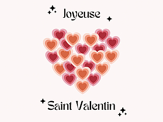 Carte de Saint Valentin décorée de coeurs en dégradé de rose et d'orange avec les mots 'Joyeuse Saint Valentin' et des étoiles scintillantes.