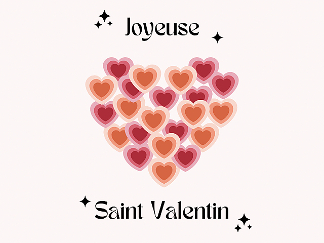 Carte de Saint Valentin décorée de coeurs en dégradé de rose et d'orange avec les mots 'Joyeuse Saint Valentin' et des étoiles scintillantes.