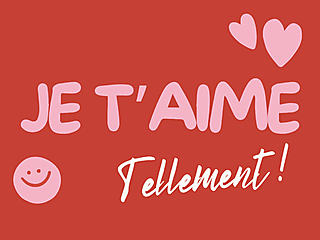 Carte d'amour rouge avec les mots 'Je t'aime tellement!', coeurs flottants et un smiley heureux, parfaite pour exprimer des sentiments profonds.