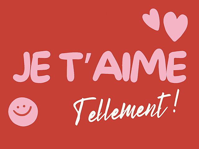 Carte d'amour rouge avec les mots 'Je t'aime tellement!', coeurs flottants et un smiley heureux, parfaite pour exprimer des sentiments profonds.