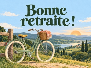 Bonne retraite avec un vélo vert et un panier de pique-nique devant un paysage de collines ensoleillées