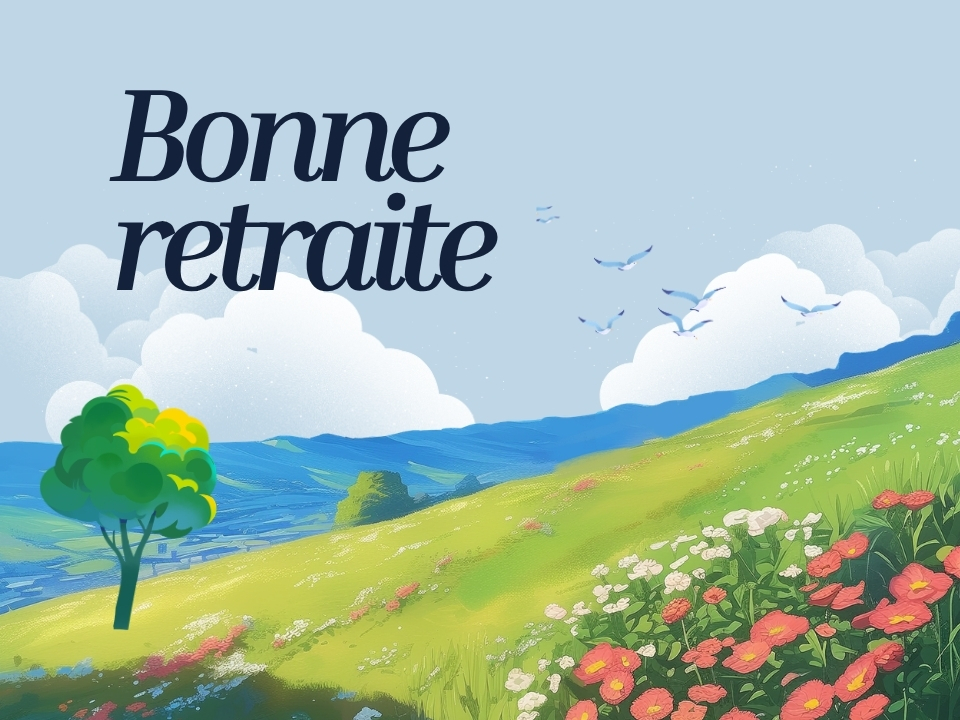 Couverture carte de départ à la retraite avec collines fleuries