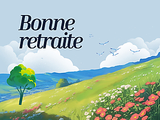 Couverture carte de départ à la retraite avec collines fleuries