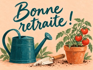 Bonne retraite avec un arrosoir bleu canard, une truelle et un plant de tomates sur fond pêche