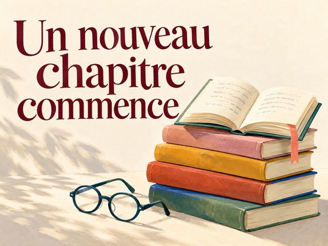 Un nouveau chapitre commence avec une pile de livres et des lunettes sur fond crème