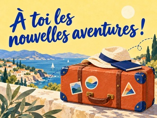 À toi les nouvelles aventures avec une valise terracotta et un chapeau devant la mer