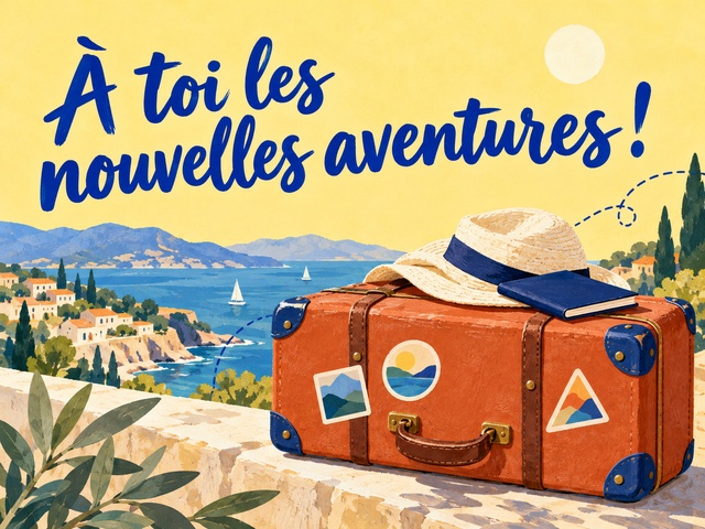 À toi les nouvelles aventures avec une valise terracotta et un chapeau devant la mer