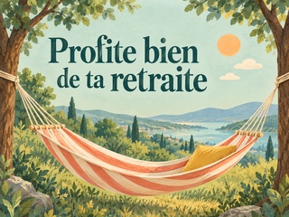 Profite bien de ta retraite avec un hamac rayé corail et crème entre deux arbres devant un paysage ensoleillé