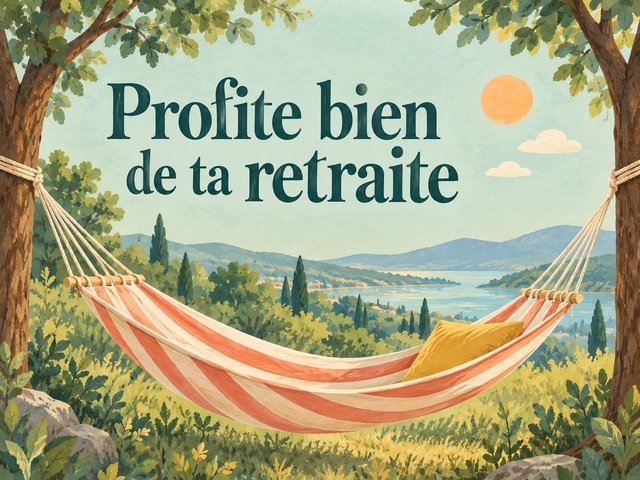 Profite bien de ta retraite avec un hamac rayé corail et crème entre deux arbres devant un paysage ensoleillé